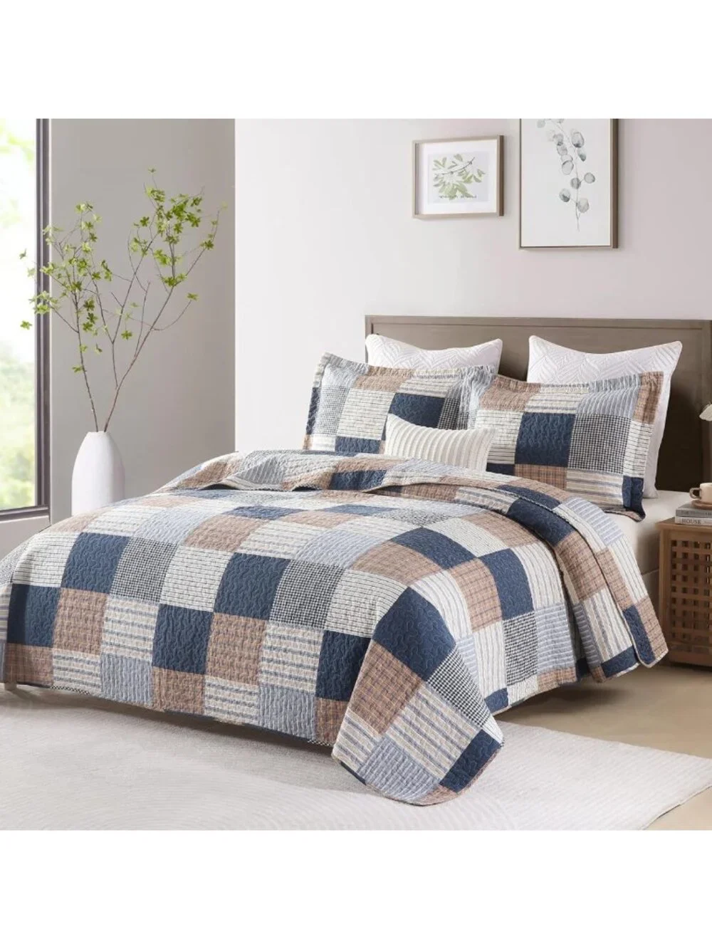 Cozy 100% Cotton Queen Quilt Set - Reversible Patchwork Plaid Bedding, Farmhouse